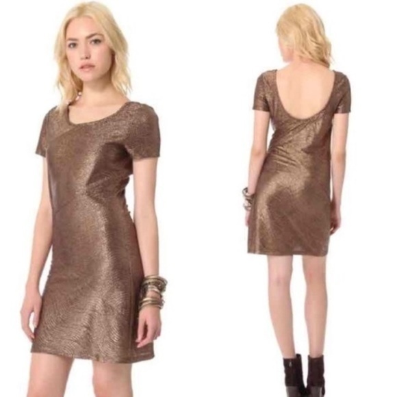 Free People Bronze Metallic Shimmer Bodycon Dress Womens Size L Low Back‎ - Picture 1 of 7